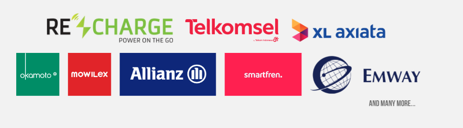 Selected clients including Recharge, Telkomsel, XL Axiata, Okamoto, Mowilex, Allianz, Smartfren, and Emway